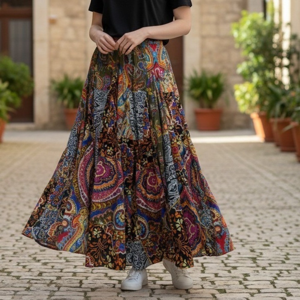 Gabriella Rocha Maxi Skirt Womens L Multicolor Paisley Boho Cotton Patchwork